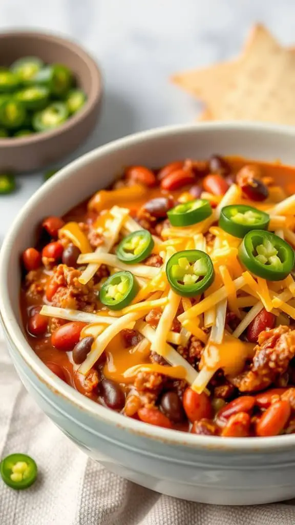 A hearty bowl of Chili Bean and Ground Beef Casserole topped with cheese and jalapeños.