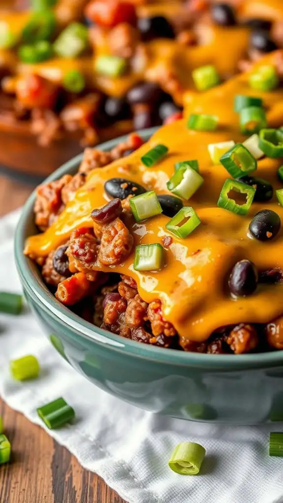 A bowl of Chili Cheese Burger Casserole topped with melted cheese and green onions.