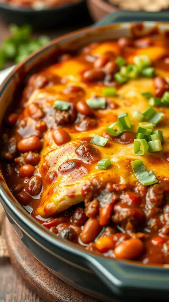 A delicious and comforting Chili Con Carne Beef Enchilada Casserole topped with green onions