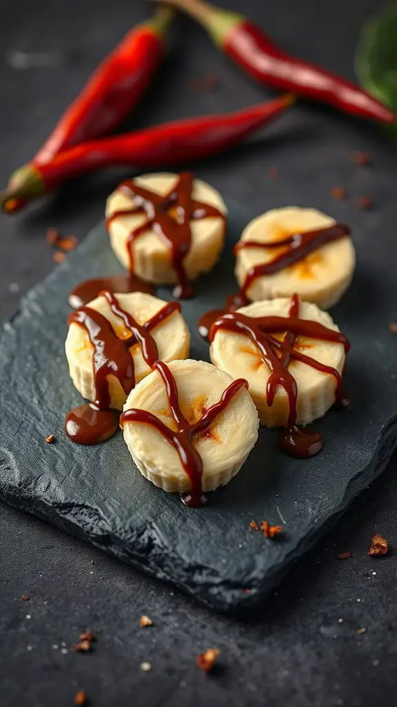 Chili dark chocolate banana bites arranged on a slate board with chili peppers.