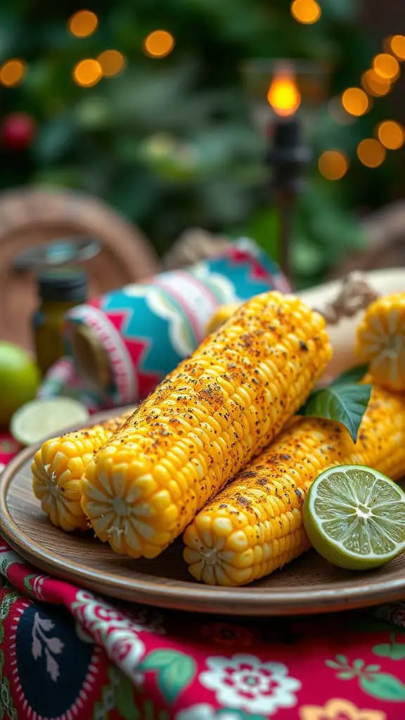 Three ears of chili lime corn on a decorative plate with lime wedges