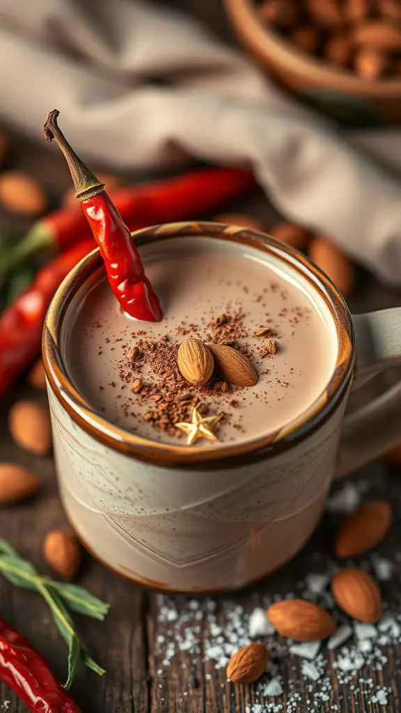 A cozy cup of hot chocolate topped with almonds and a chili pepper, surrounded by almonds and red peppers.