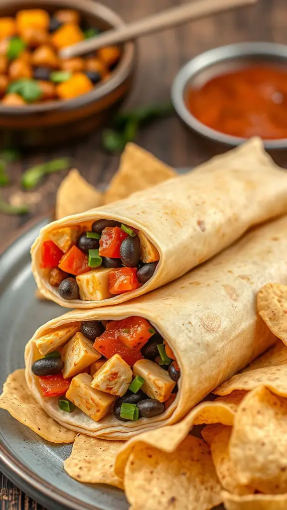 A delicious Chipotle Chicken and Black Bean Wrap on a plate with tortilla chips and salsa.