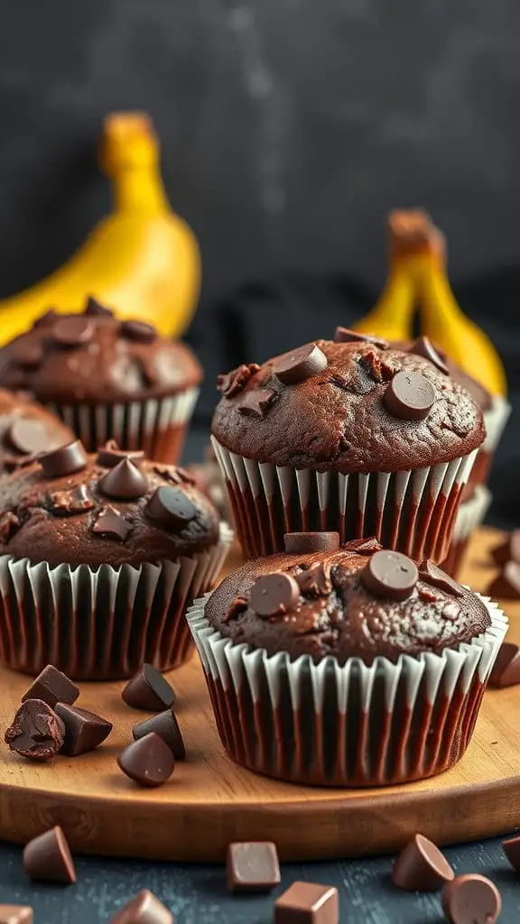 Delicious choco-banana muffins topped with chocolate chips, with ripe bananas in the background.