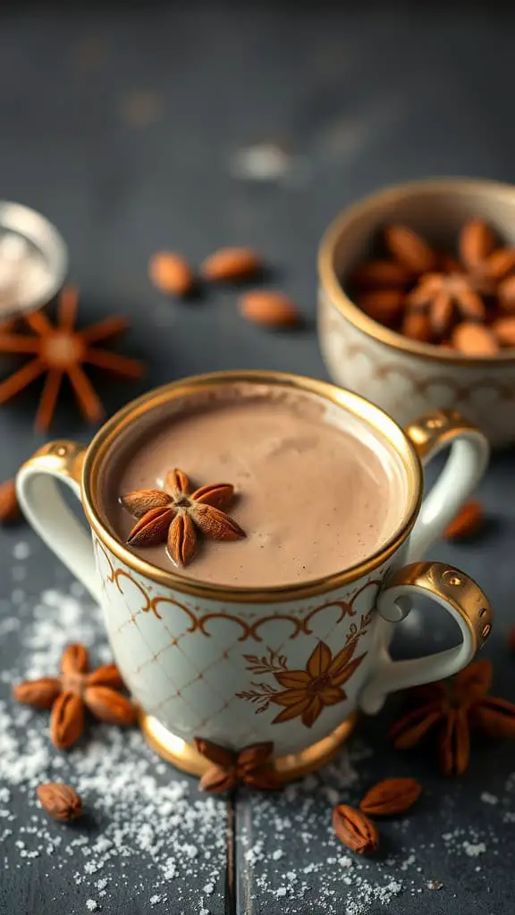 A beautifully decorated cup of hot chocolate topped with star anise, surrounded by almonds and a sprinkle of powdered sugar.