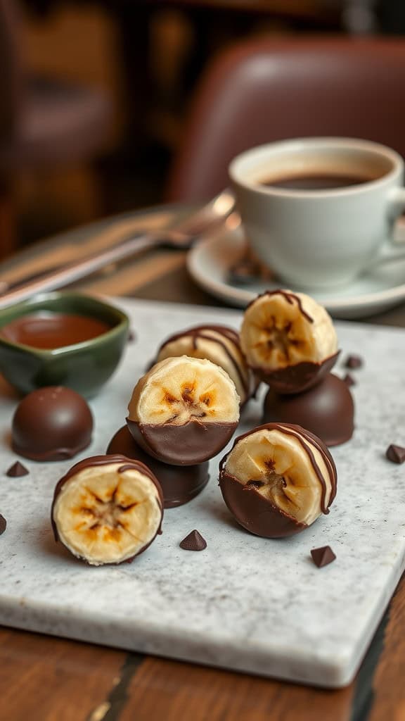 Chocolate coated banana bites on a marble plate with a cup of coffee in the background.