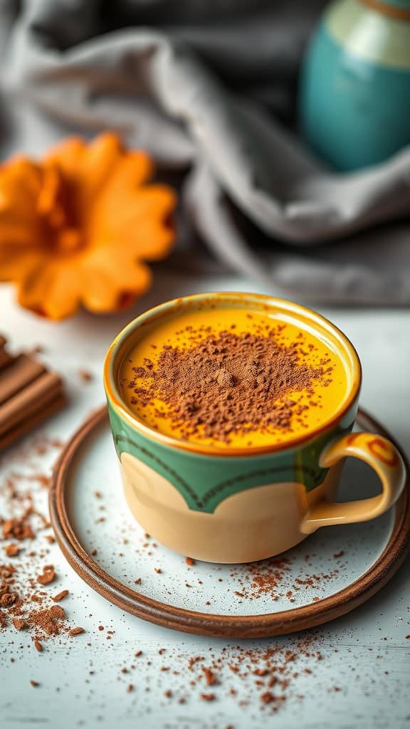 A cozy cup of creamy turmeric milk topped with cocoa powder, surrounded by a flower and decorative items.