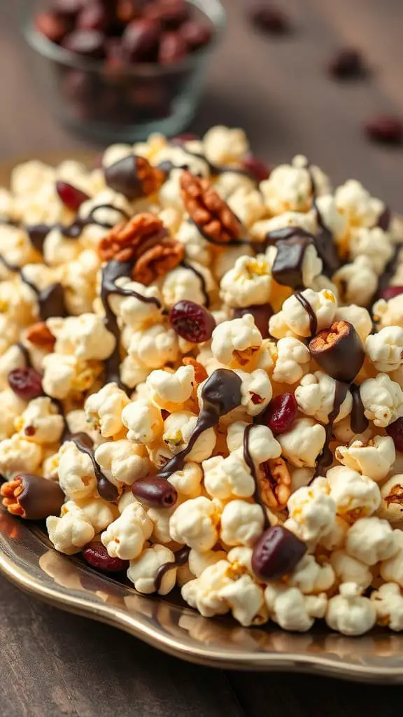 A platter of popcorn topped with nuts, dried cranberries and drizzled with dark chocolate.