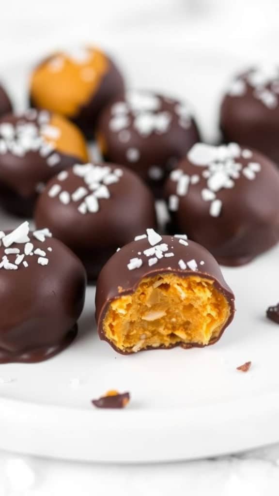 Chocolate-dipped pumpkin pie bites with a bite taken out, showcasing the creamy pumpkin filling inside.