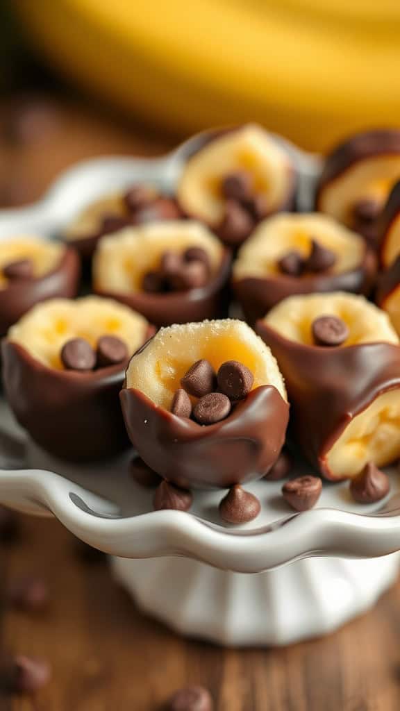 A plate of chocolate-covered banana bites topped with chocolate chips.