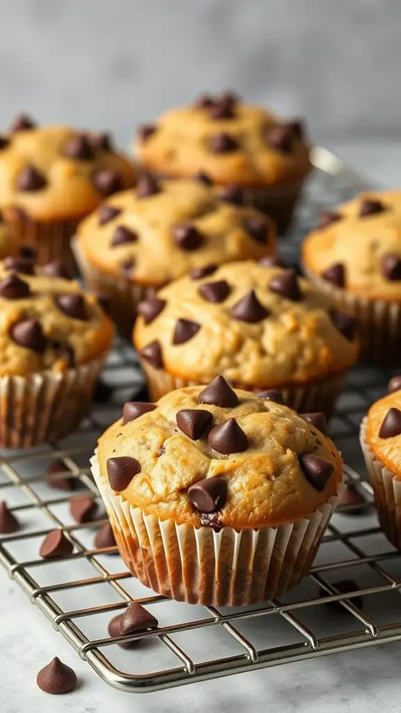 Freshly baked Chocolate Chip Banana Muffins on a cooling rack, with chocolate chips on top.