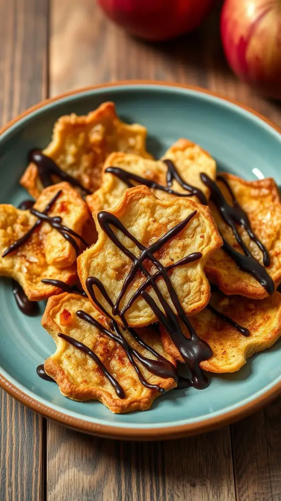 A plate of chocolate drizzled apple crisps, showcasing a crispy texture and rich chocolate topping.