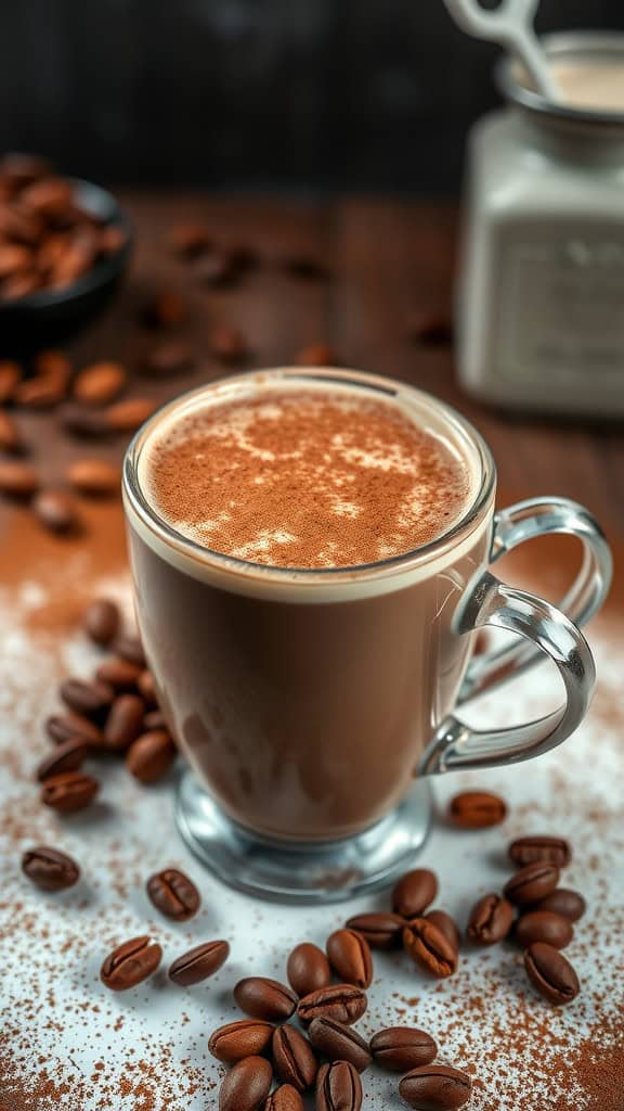 A frothy cup of chocolate espresso almond drink surrounded by coffee beans.