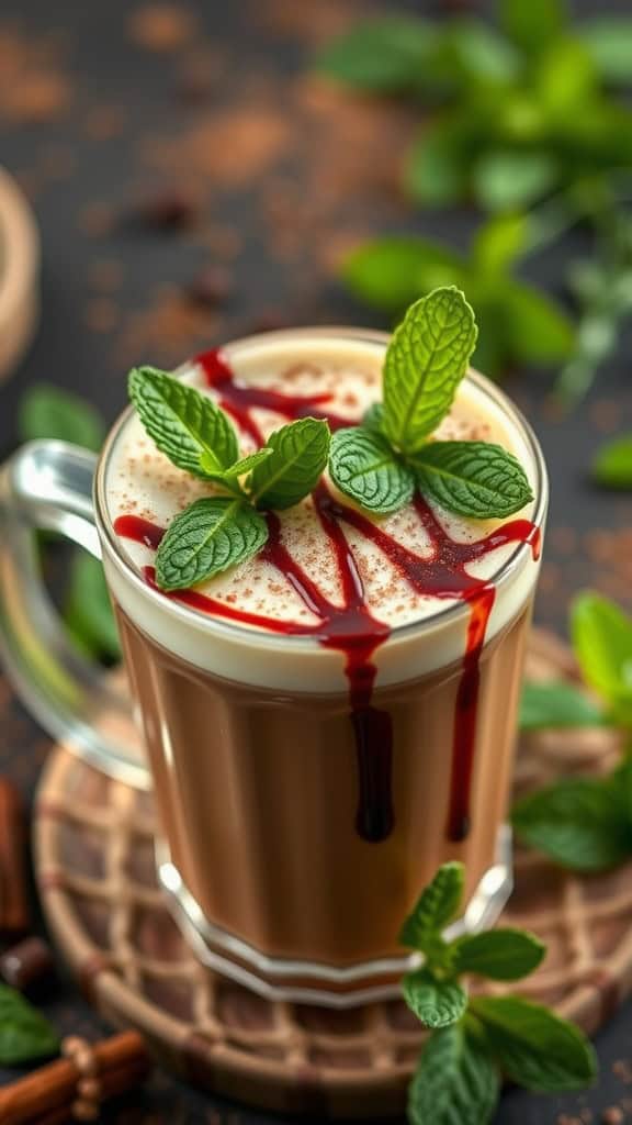 A warm Chocolate Mint Chai Latte topped with fresh mint leaves and chocolate syrup.