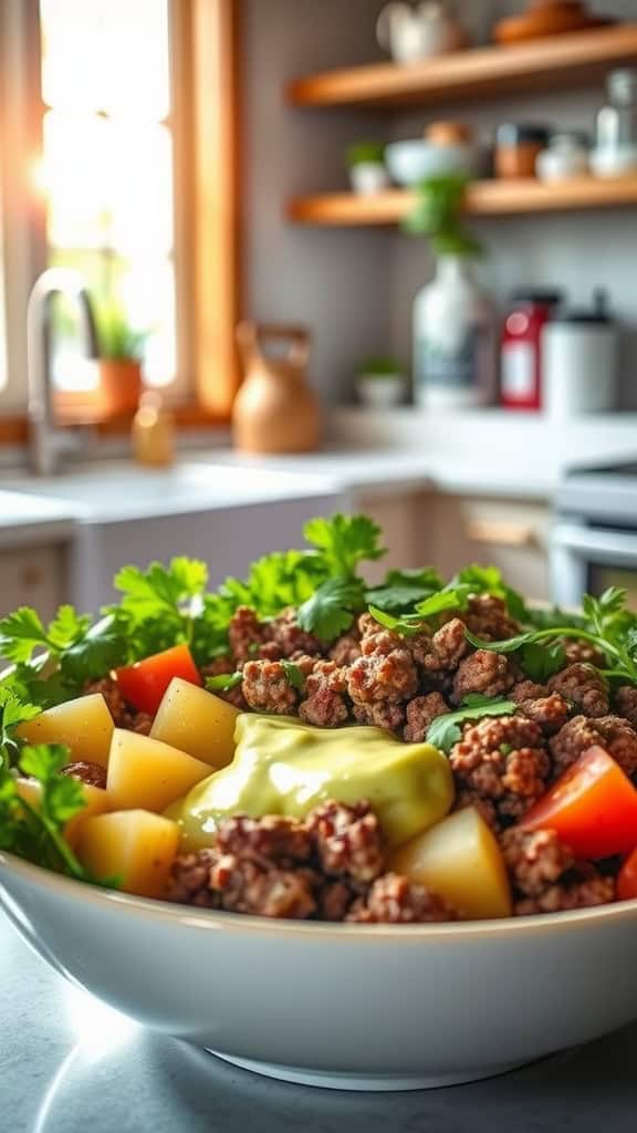 A bowl filled with ground beef, potatoes, and cilantro, garnished with lime sauce.