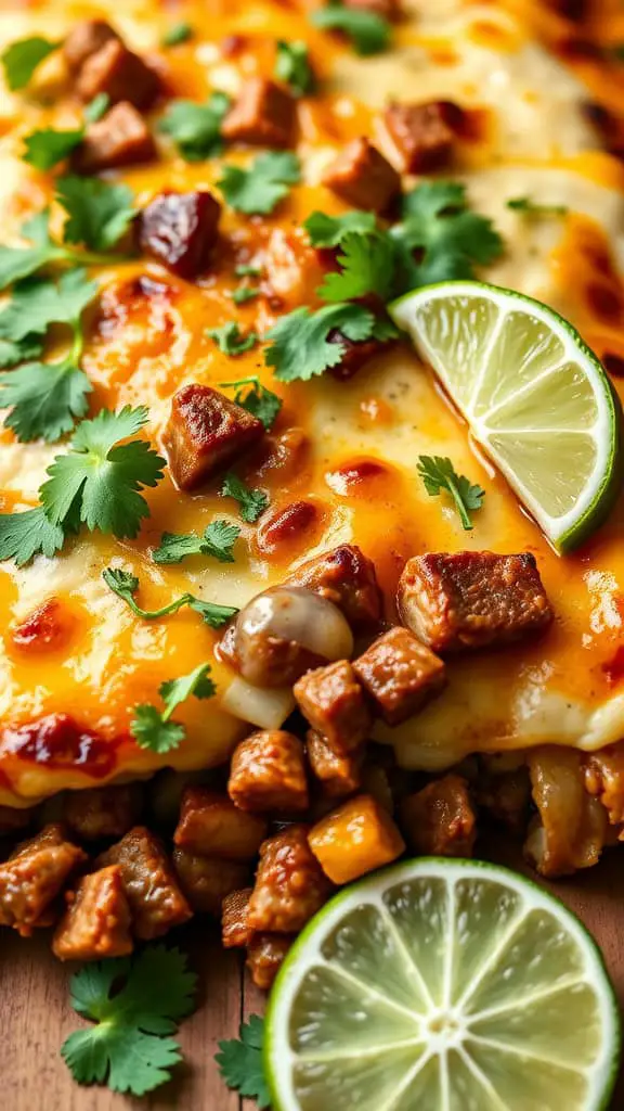 Cilantro Lime Beef Enchilada Casserole with lime slices and cilantro garnish