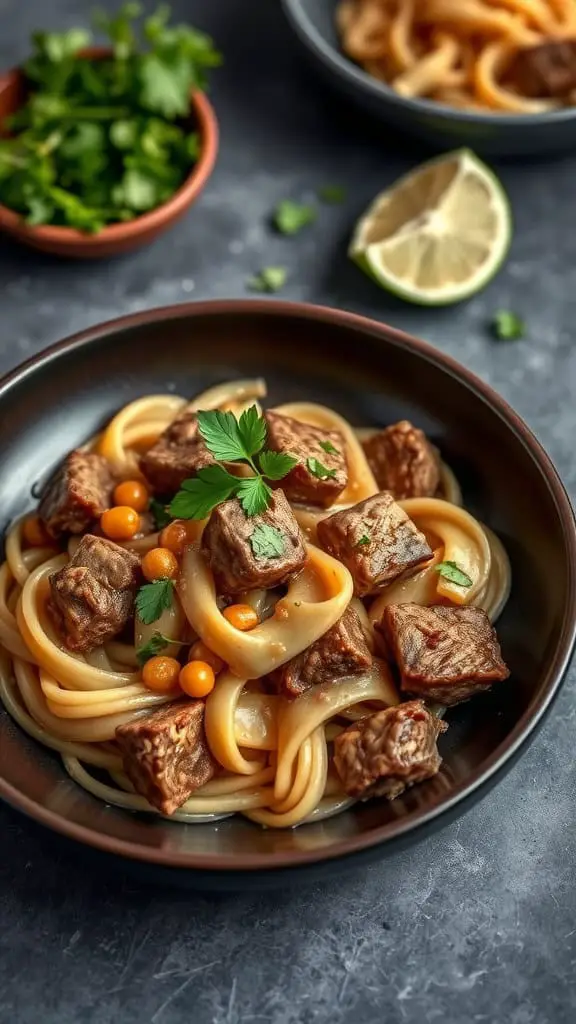 A bowl of Cilantro Lime Beef Stroganoff with noodles, chunks of beef, and garnished with cilantro and lime.