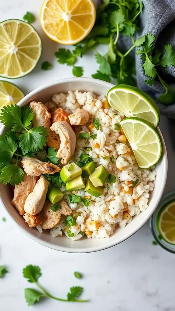 A colorful cilantro lime chicken rice bowl with grilled chicken, fluffy rice, avocado, and lime slices.