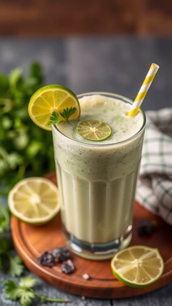 A refreshing cilantro lime smoothie garnished with lime slices and cilantro.