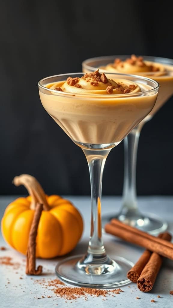 Two cinnamon pumpkin mousse cups garnished with cinnamon, alongside a small pumpkin and cinnamon sticks.