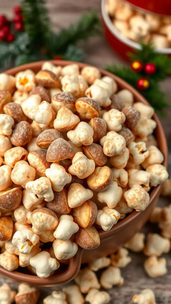 A bowl of cinnamon sugar hazelnuts, surrounded by festive decorations.