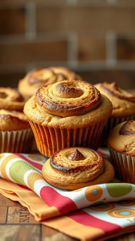 A close-up of cinnamon swirl banana muffins arranged beautifully on a colorful napkin.