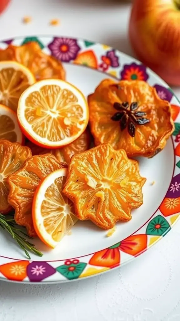 A plate of dried apple and lemon slices arranged beautifully, showcasing a vibrant mix of colors.