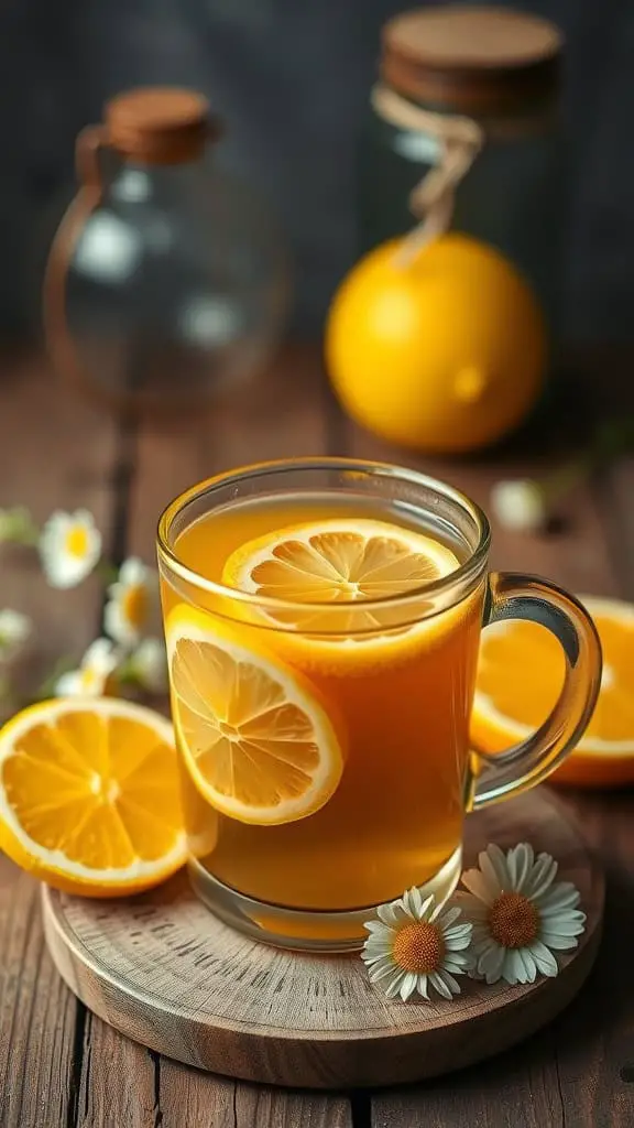 A refreshing glass of chamomile tea with lemon slices, surrounded by fresh lemons and daisies.