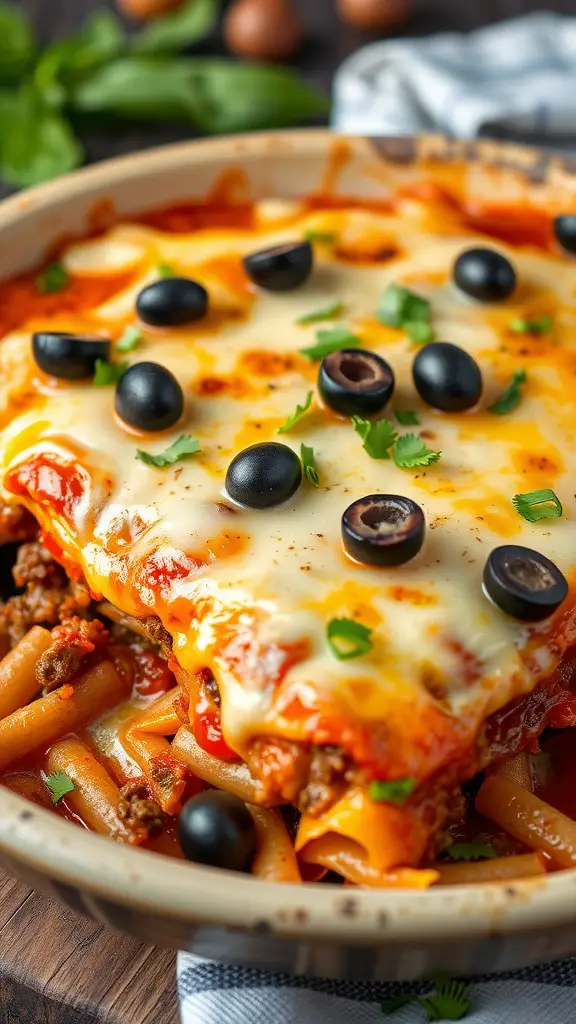 Beef Enchilada Casserole topped with cheese and black olives, served in a dish with a sprinkle of cilantro.