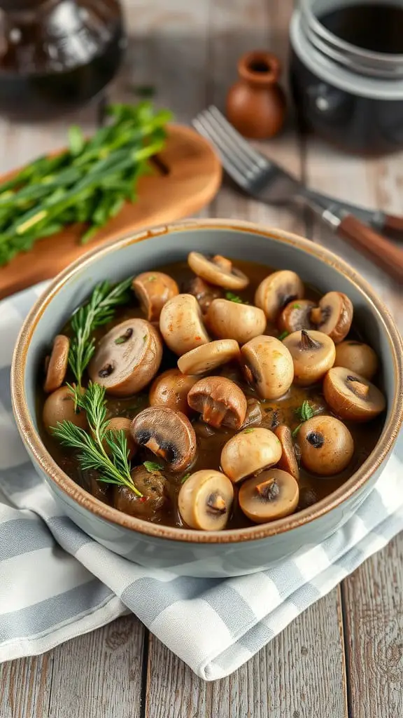 Bowl of mushroom sauce for beef stroganoff with fresh herbs on a checkered cloth