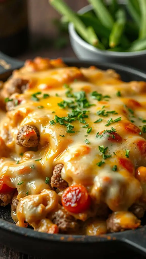 A delicious cheeseburger casserole featuring melted cheese, ground beef, and colorful vegetables.