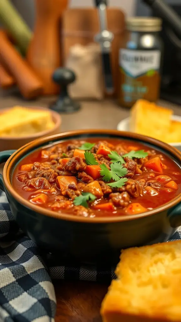 A bowl of classic ground beef chili topped with cilantro, surrounded by cornbread and kitchen utensils.