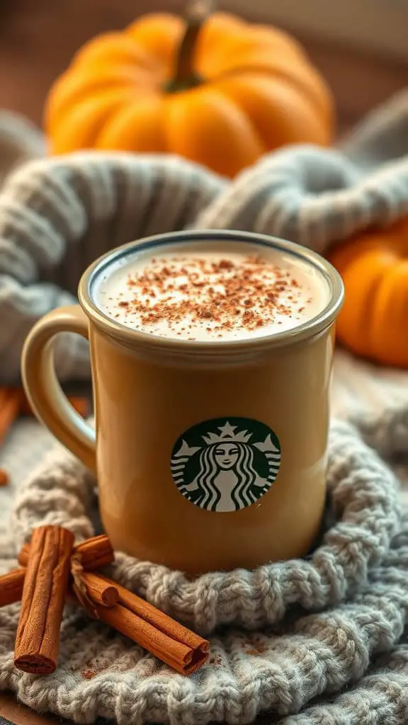 A warm pumpkin spice latte in a mug with cinnamon sticks, surrounded by pumpkins and a cozy scarf.