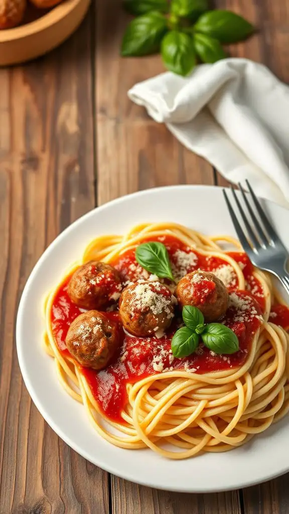 A plate of spaghetti topped with Italian meatballs in marinara sauce, garnished with basil and Parmesan cheese.