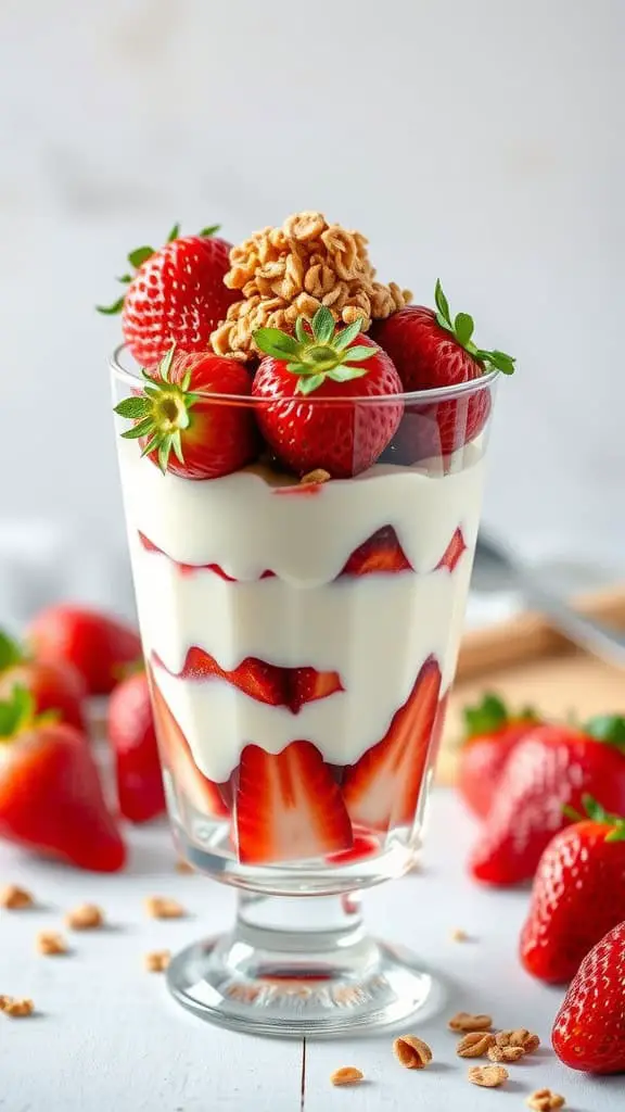 A classic strawberry and yogurt parfait layered with strawberries and topped with granola, set on a white table.