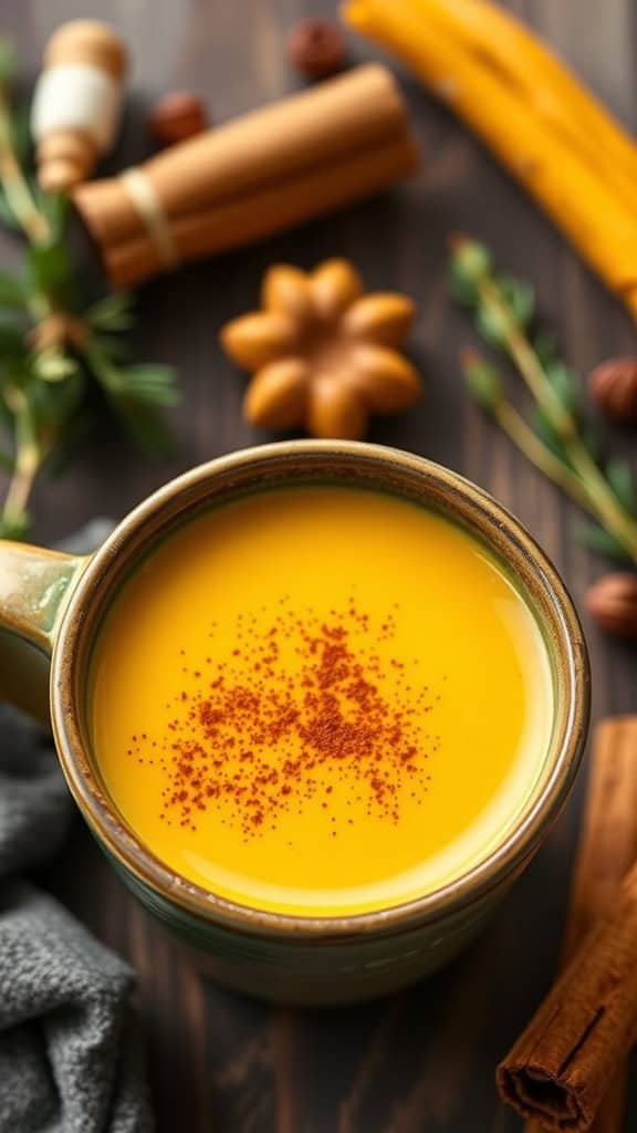 A warm cup of creamy turmeric golden milk with a sprinkle of cinnamon on top, surrounded by spices and a cozy atmosphere.