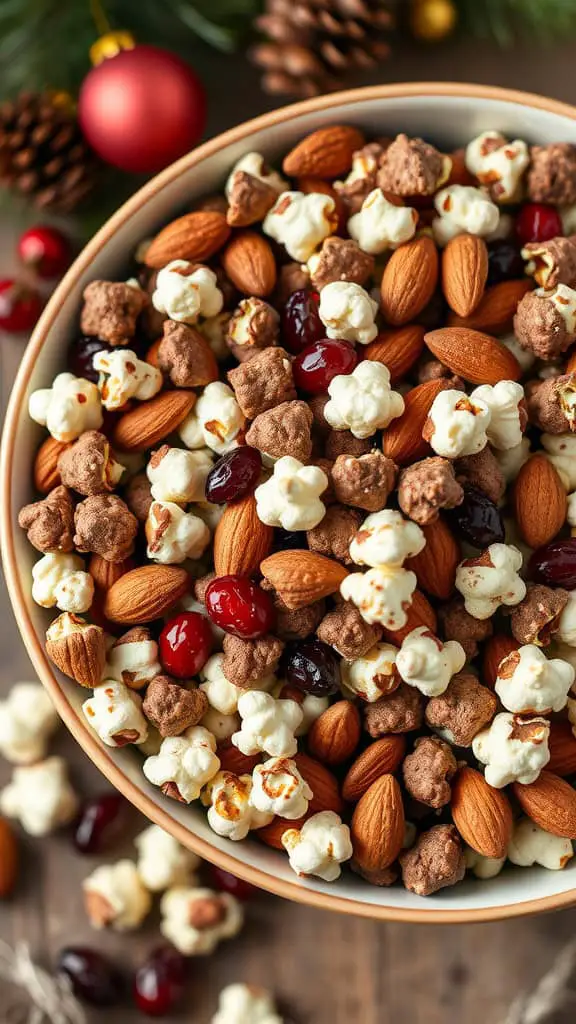 A bowl of Cocoa Almond Crunch, featuring almonds, popcorn, and cranberries.