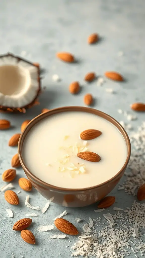 A bowl of Coconut Almond Golden Milk surrounded by almonds and coconut flakes