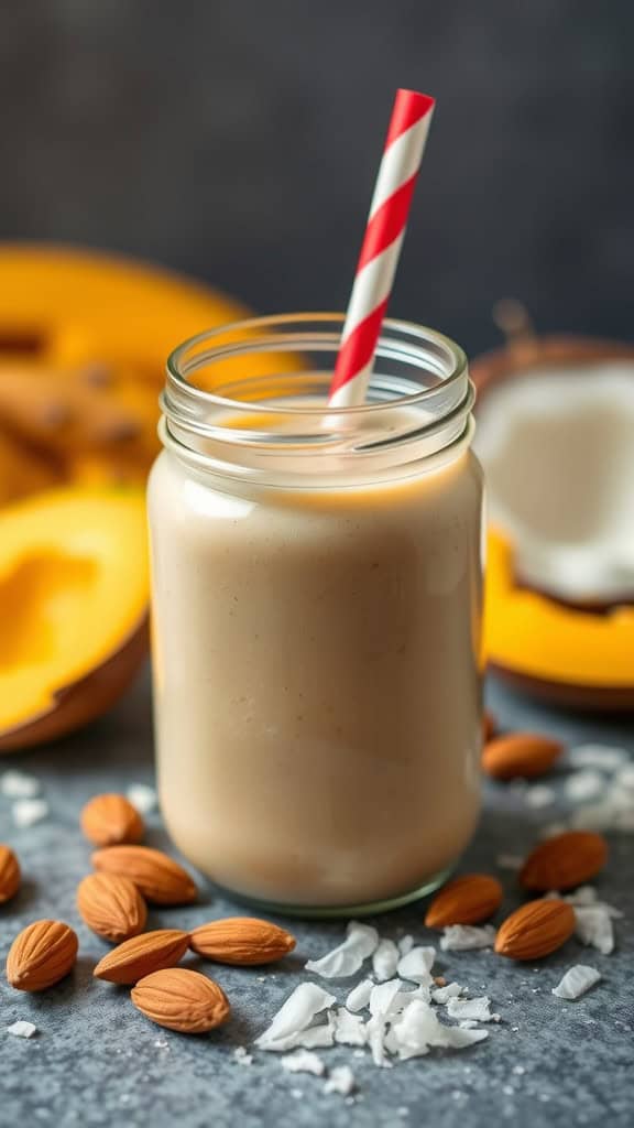 Coconut Almond Mango Smoothie in a jar with a straw, surrounded by almonds and coconut pieces.