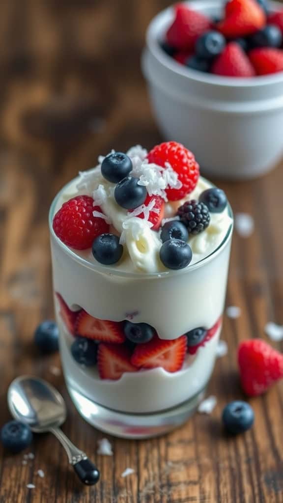 A delicious yogurt parfait featuring layers of blueberries, strawberries, raspberries, and coconut, served in a clear glass.