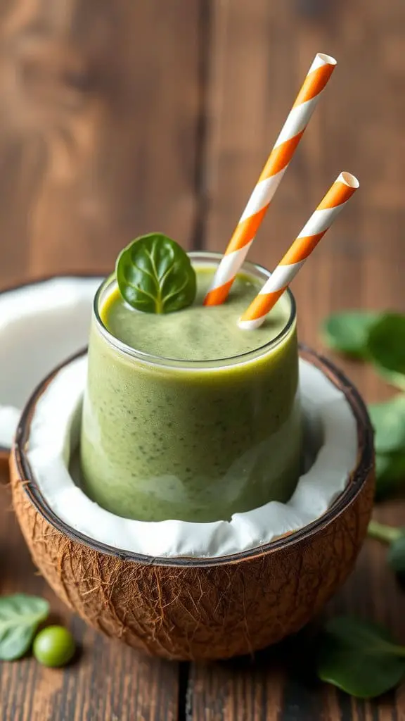 A refreshing coconut and spinach smoothie in a coconut shell with two striped straws.