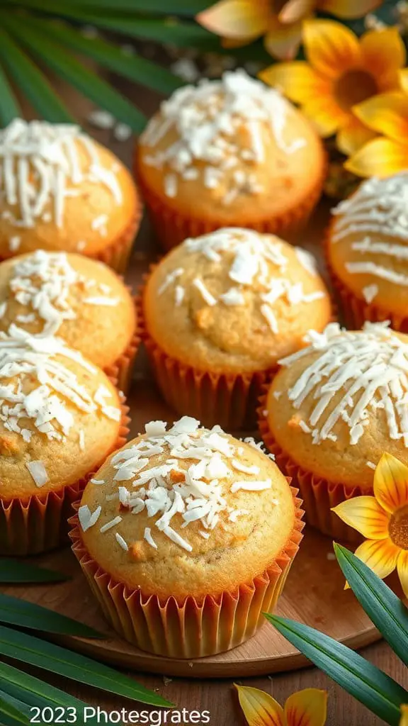 A batch of coconut banana muffins topped with shredded coconut, surrounded by decorative flowers and green leaves.