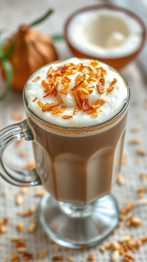 A glass of Coconut Chai Latte topped with toasted coconut flakes, surrounded by coconut halves and coconut pieces.