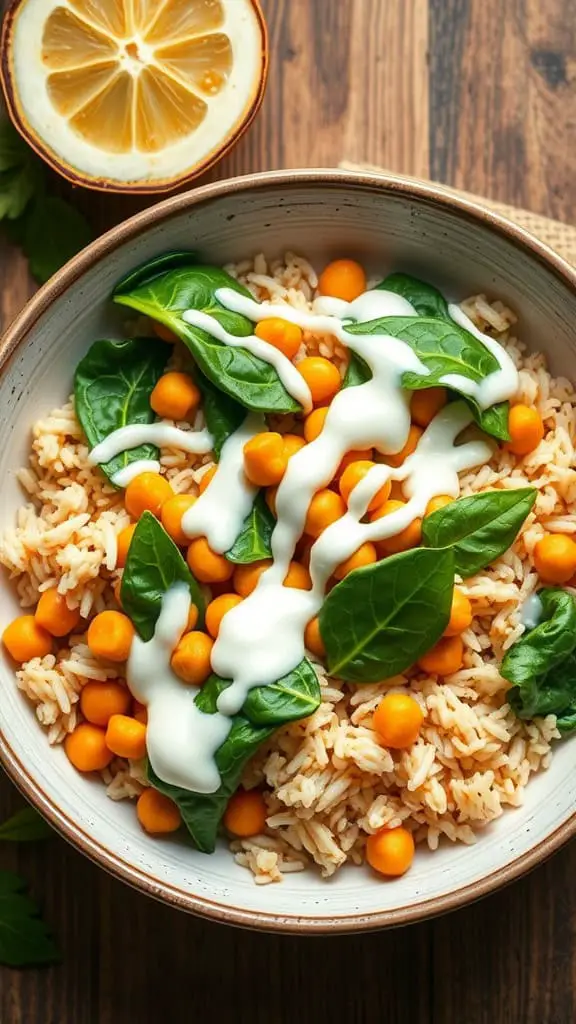 A vibrant Coconut Chickpea Rice Bowl featuring rice, orange chickpeas, fresh spinach, and a creamy drizzle, with a lemon in the background.