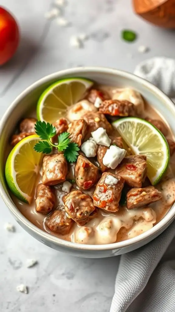 A bowl of Coconut Cream Beef Stroganoff garnished with lime slices and cilantro.