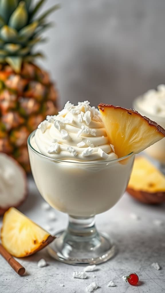 Coconut Cream Eggnog Mousse in a glass, topped with whipped cream and a pineapple slice