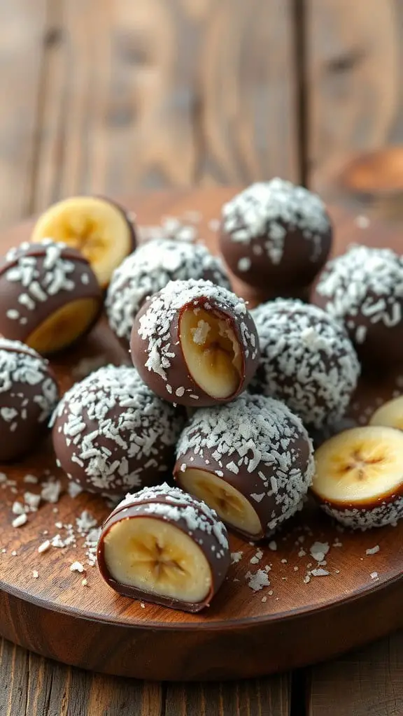 Delicious chocolate-covered banana bites coated with shredded coconut on a wooden platter.