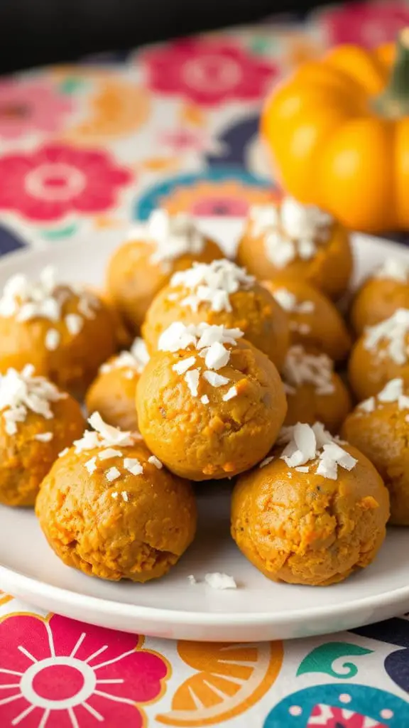 A plate of Coconut Flour Pumpkin Bites topped with coconut flakes