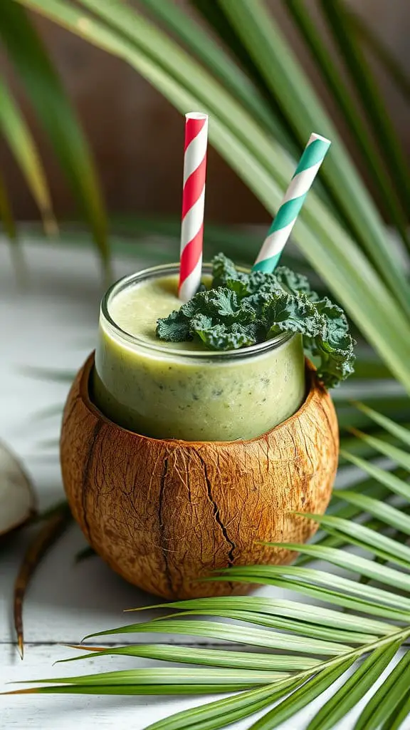 A Coconut Kale Cooler smoothie served in a coconut shell with two straws and garnished with kale leaves.