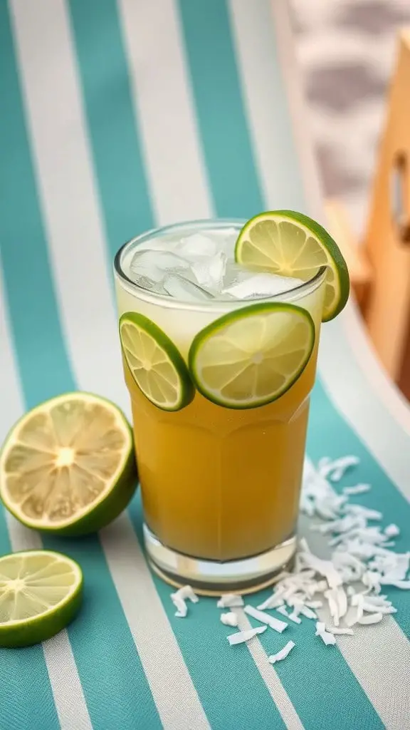 A refreshing glass of Coconut Lime Green Tea with lime slices and shredded coconut, set on a vibrant striped background.